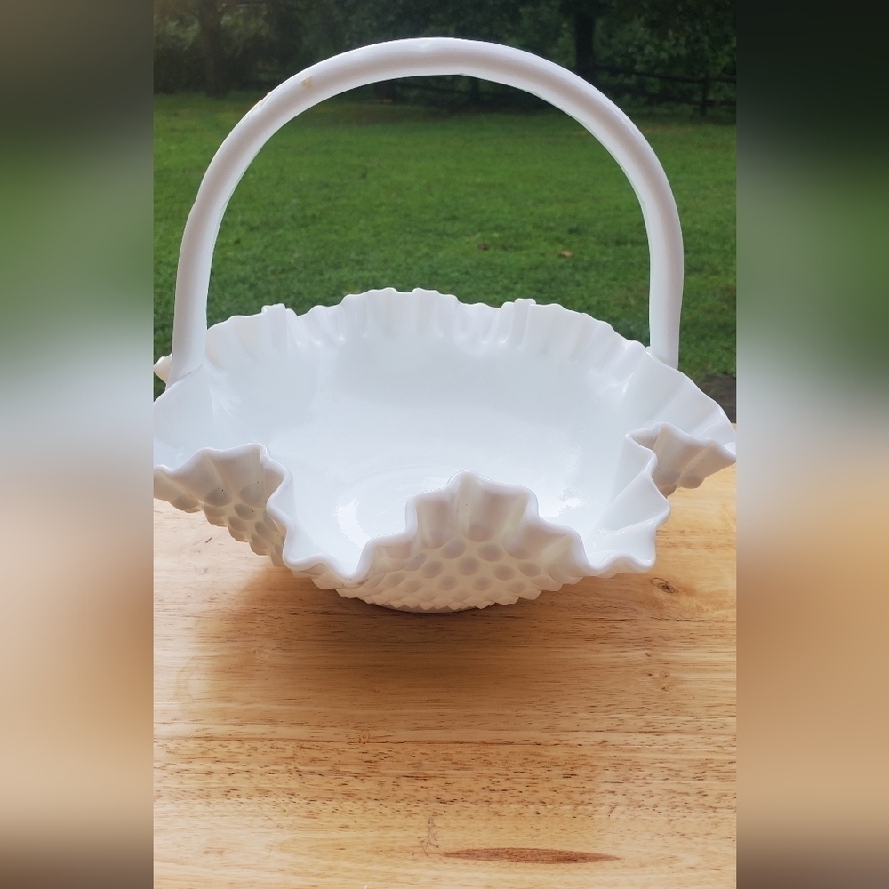 Vintage Fenton White Hobnail Milk‎ Glass Brides Basket with Ruffled Edge 10"